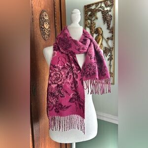 V Fraas Pink Magenta Floral Jacquard Cashmink Scarf Fringed Made in Germany